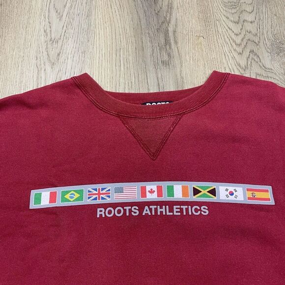 Roots Athletics Sweatshirt Mens XL Red Crewneck Pullover Flag Logo International - Picture 2 of 14